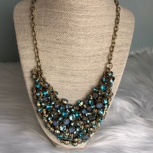 Chunky Cluster Jeweled Gold Statement Necklace with Shiny Blue Rhinestones